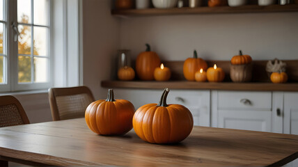 Wooden table and pumpkins, rustic kitchen interior with autumn fall decorations, blurred background.Selective focus and copy space.