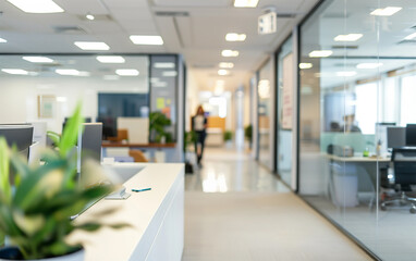 Fototapeta premium Blurred view of a business office space with desks and computers - office life, work environment, corporate workplace.
