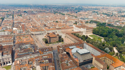 Turin, Italy. Castle Palazzo Madama. Piazza Castello square. Panorama of the city. Summer day,...