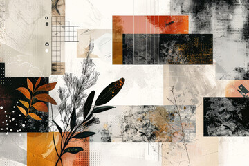 Abstract contemporary collage background. Grunge botanical and geometric design