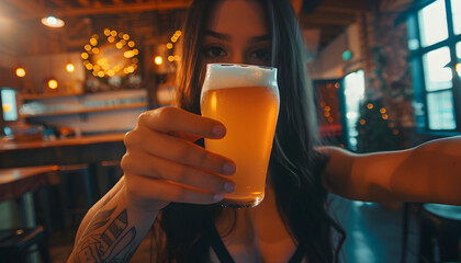 A girl holds a beer in her hands and make selfie in a craft pub. - obrazy, fototapety, plakaty