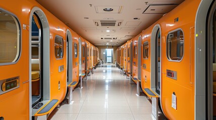 Orange Capsule Hotel Corridor. A bright and inviting orange capsule hotel corridor, designed for space optimization and a vibrant, cheerful overnight stay