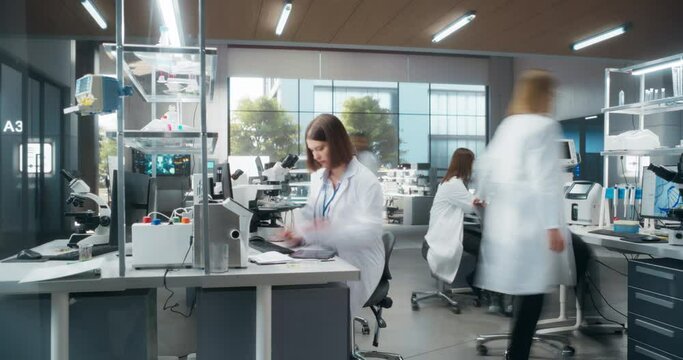 Timelapse Footage of a Team of Diverse Male and Female Medical Research Scientists Work on a New Generation Pharmaceutical Products in a Modern Laboratory. Colleagues Walking Around and Communicating 
