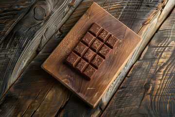 Milk chocolate on a wooden board from top down view