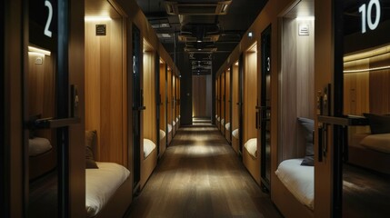 Warmly Lit Capsule Hotel Hall. The hall of a capsule hotel with a warm ambiance created by soft lighting around each pod, inviting travelers into a cozy, modern sleeping experience - obrazy, fototapety, plakaty