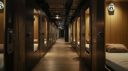 Modern Capsule Hotel Interior. The inside view of a modern capsule hotel with a symmetrical...
