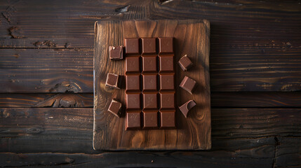 Milk chocolate on a wooden board from top down view