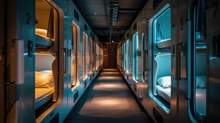 Fototapeta premium Warmly Lit Capsule Hotel Hall. The hall of a capsule hotel with a warm ambiance created by soft lighting around each pod, inviting travelers into a cozy, modern sleeping experience