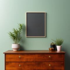 Mockup poster or photo frame on shelf in living room with small plant pot