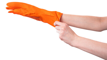 Person Wearing an Orange Rubber Glove