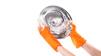 Person Wearing Orange Rubber Gloves Holding a Bucket