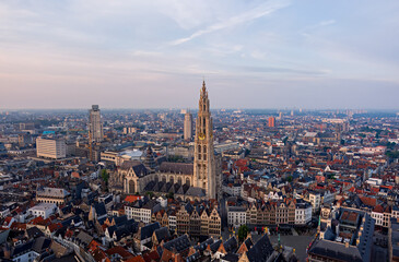 Antwerp, Belgium.Cathedral of Our Lady of Antwerp. Summer morning. Aerial view - obrazy, fototapety, plakaty