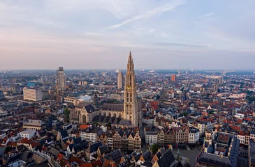 Poster Antwerp, Belgium.Cathedral of Our Lady of Antwerp. Summer morning. Aerial view © nikitamaykov