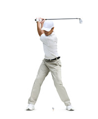 Obraz premium Front view of Golfer iron club back swing before hitting golf ball isolated on white background.