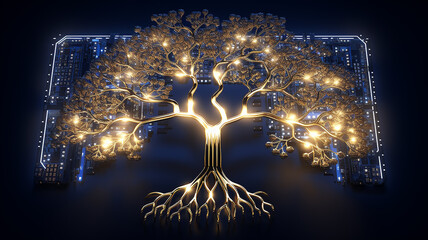 background concept is artificial intelligence, a symbol of nature and growth, a tree of life and a brain integrated and combined with a computer chip, fictional graphics