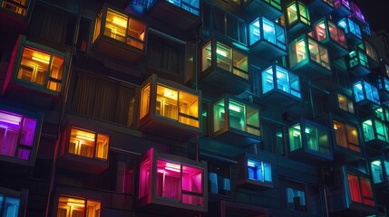 Colorful Capsule Hotel Façade. The exterior of a capsule hotel comes to life with vibrant neon-lit windows, offering a visually striking and modern guest experience - obrazy, fototapety, plakaty