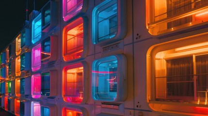 Colorful Capsule Hotel Façade. The exterior of a capsule hotel comes to life with vibrant neon-lit windows, offering a visually striking and modern guest experience