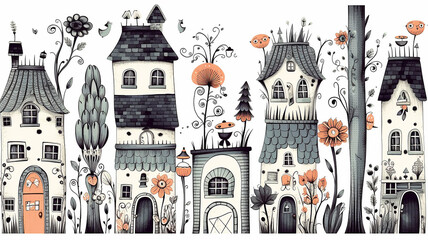 doodle black and white illustration outline of small houses for children's coloring, empty silhouettes of fictional abstract fairy-tale small houses - obrazy, fototapety, plakaty