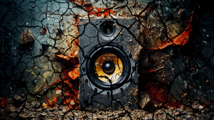 loud background music, cracks on the destroyed speaker from the powerful loud sound of music, abstract fictional background computer graphics - obrazy, fototapety, plakaty