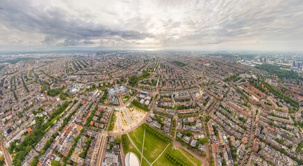 Amsterdam, Netherlands. Museumplein is a park, a square containing three famous museums and a park where festivals are held. Panorama of the city on a summer morning in cloudy weather. Aerial view