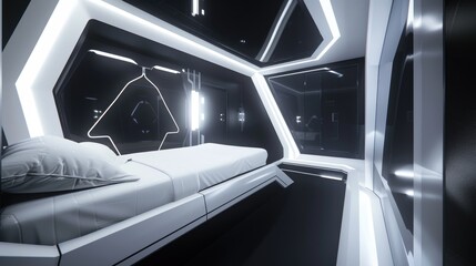 Futuristic Capsule Living Space. A monochromatic, high-tech capsule living space featuring modern design elements, creating an ambiance of a sophisticated and futuristic sleeping area
