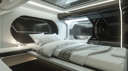 Futuristic Capsule Living Space. A monochromatic, high-tech capsule living space featuring modern design elements, creating an ambiance of a sophisticated and futuristic sleeping area