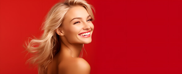Naklejka premium portrait of a blonde beautiful woman on a red background abstract 