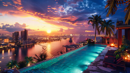 Bangkok City Night, Vibrant Urban Landscape with River and Twilight Skyline, Travel and Modern Architecture