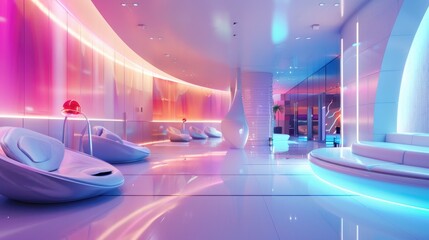 Neon-Lit Capsule Hotel Hallway. A captivating view of a capsule hotel's hallway bathed in neon lights, offering a futuristic lodging experience with a vibrant atmosphere