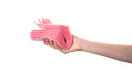 Hand Holding Pink Cloth on White Background