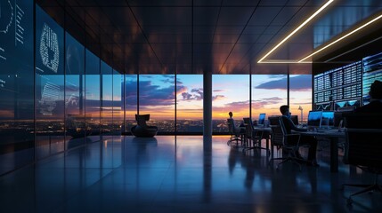 A large office with a view of the city and a sunset. The room is filled with people working at their desks
