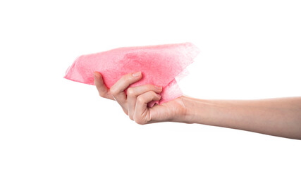 Hand Holding Pink Sponge on White Background