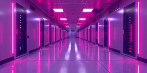 Futuristic Data Center Hallway with Neon Lights