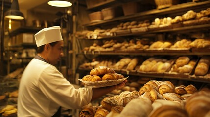 A baker is holding a tray of croissants in a bakery. The bakery is filled with various types of bread and pastries - obrazy, fototapety, plakaty