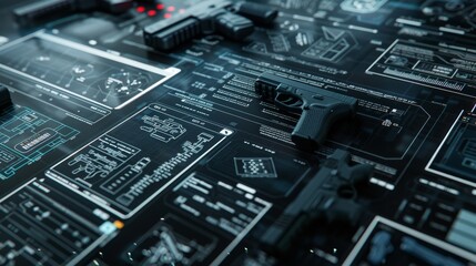 Cybernetic spy gear in 3D, displayed against a digital minimalist background, showcasing espionage tools