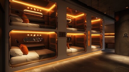 A warm, wood-paneled capsule hotel with individual cubicles, each a cozy nook of privacy and comfort for the modern traveler
