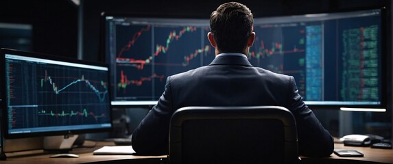 shadowy world of buying stocks with a mesmerizing depiction of an businessman, their back presented in a half-turn, wearing suits in an office, seated in front of a commanding monitor, engrossed - obrazy, fototapety, plakaty