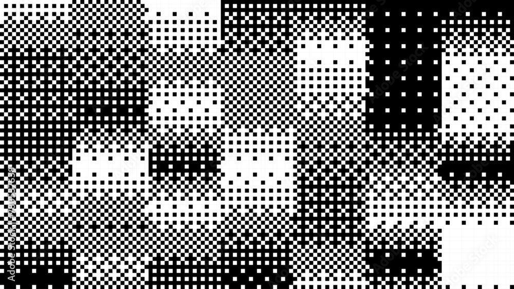Aufkleber Halftone Pixel Dithering Square Tiles Pattern. Vintage 1-bit Game Background. Vector Illustration. Pixel Halftone Bitmap Raster Effect. Random Tiles Generative Art.