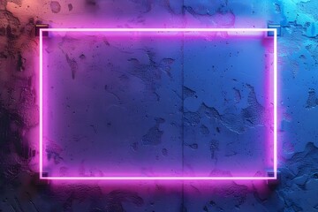 
abstract neon frame, rectangular shape on the wall, glowing in blue and purple light, background with copy space for text
