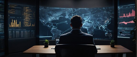 shadowy world of buying stocks with a mesmerizing depiction of an businessman, their back presented in a half-turn, wearing suits in an office, seated in front of a commanding monitor, engrossed - obrazy, fototapety, plakaty