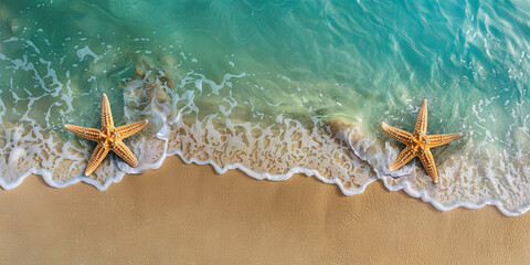 Fototapeta na wymiar A serene beach scene with two starfish lying on the sand as gentle waves wash ashore