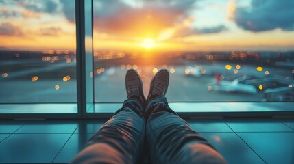 Man relaxing in airport at sunset relaxation dawn personal perspective background blue - obrazy, fototapety, plakaty