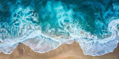 Aerial view of gentle ocean waves lapping onto a sandy shoreline - obrazy, fototapety, plakaty
