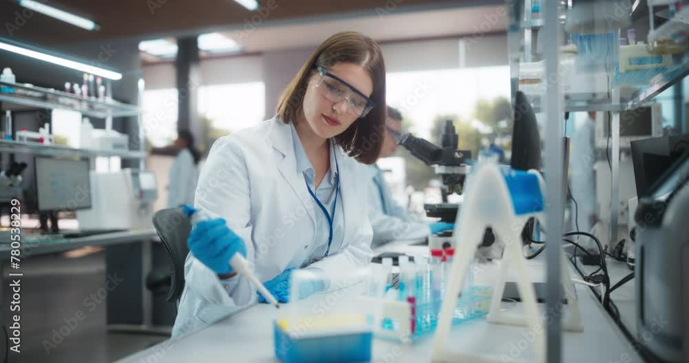 Poster Caucasian Female Research Scientist Using Micropipette to Mix Liquids in a Test Tube in a Modern Laboratory. Scientists are Conducting Research with the Help of Microscopes and Desktop Computers