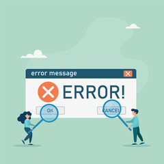 Error message. People study operating system error warning window on smartphone and computer. Vector illustration.
