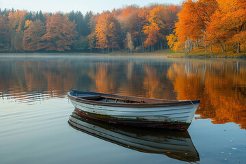 Single rowboat floating on a glassy lake during the picturesque fall season