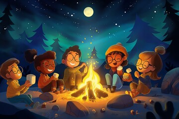 Obraz premium A group of children are sitting around a campfire, enjoying each other's company. Scene is warm and friendly, as the children are smiling and laughing together. The scene is set in a forest