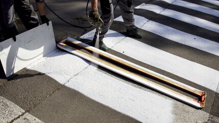a man draws the markings of a pedestrian path on the asphalt using a spray gun according to a...