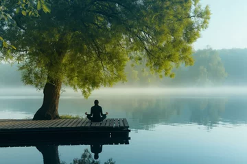 Foto auf Acrylglas A man is sitting on a dock by a lake, practicing yoga. The scene is peaceful and serene, with the man in the foreground and the lake in the background. The water is calm and still © SKW
