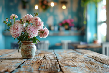 Serene Cafe Ambiance with Rustic Wooden Table and Pink Peonies - obrazy, fototapety, plakaty